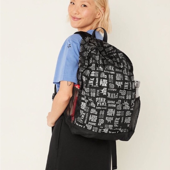 PINK Victoria\'s Secret classic Backpack black silver logo with Padded Straps main image 4